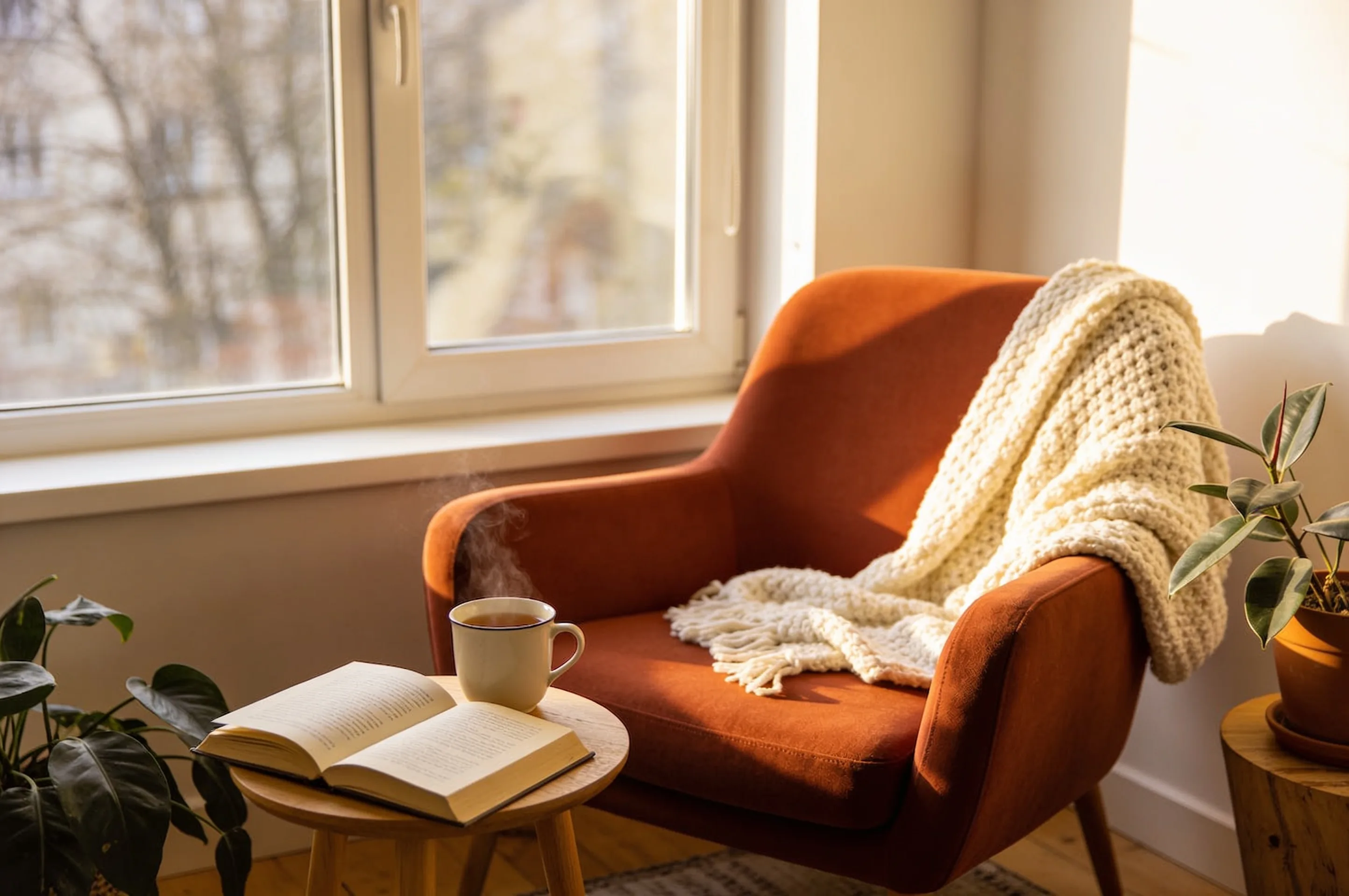 Rincón de lectura acogedor junto a la ventana, con un sillón terracota, una manta y una taza humeante